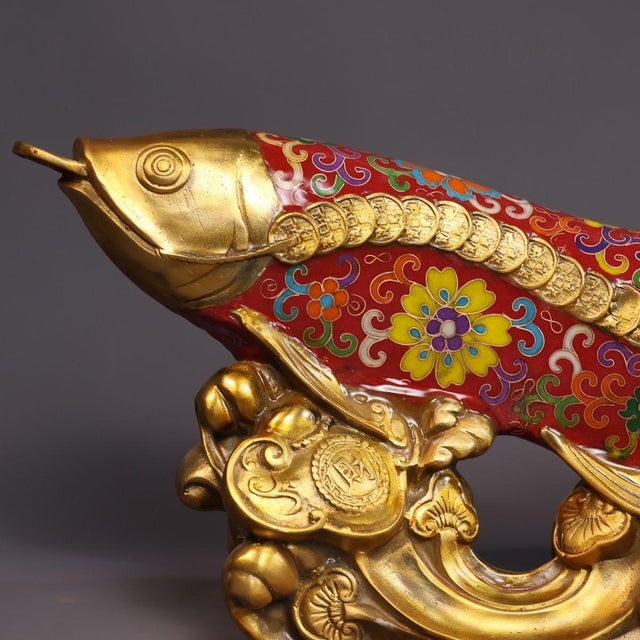 Metal Late 19th Century Cloisonné Enamel Fish Statue on Gilt Base, 3.05kg For Sale - Image 7 of 9