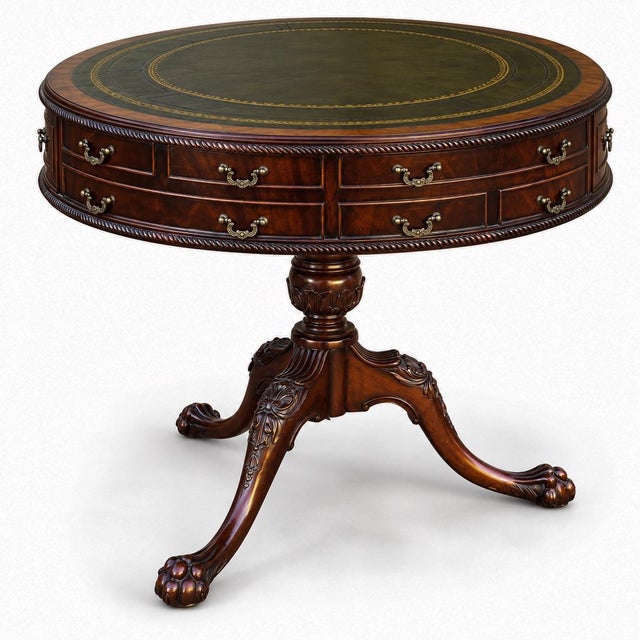 English Leather Top Georgian Style Mahogany Drum Table With Ball & Claw Feet For Sale - Image 4 of 5