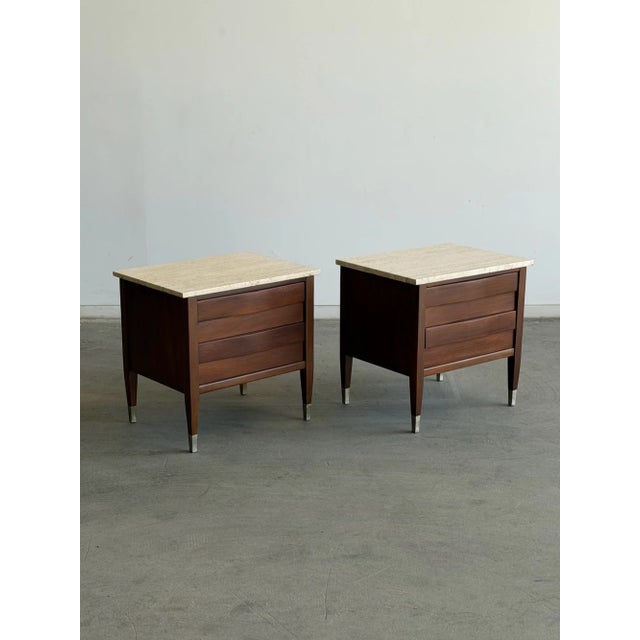 1960s Travertine & Walnut Nightstands by American of Martinsville - Pair For Sale - Image 12 of 17