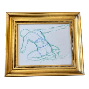 1970’s Original Abstract Male Nude Colored Pencil Drawing Gold Frame