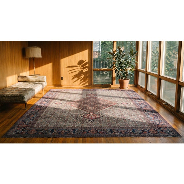 Textile 1890s Ivory Purple Medallion Antique Persian Mood Rug 9'2" X 11'9" Handknotted Wool Carpet For Sale - Image 7 of 7