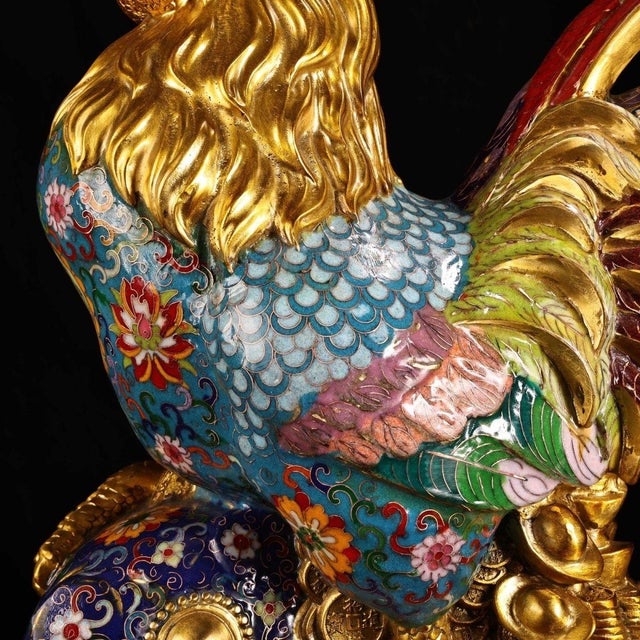 Metal Late 20th Century Gilt Bronze Cloisonné Enamel Rooster Figure With Coin Motif For Sale - Image 7 of 10