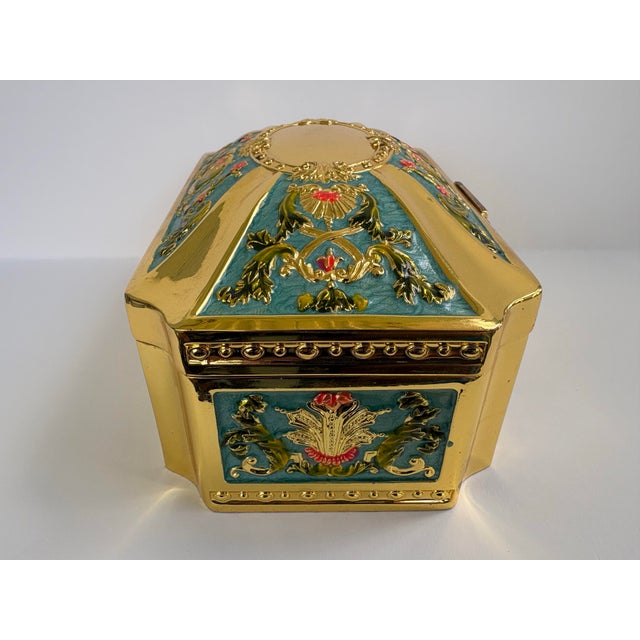 Metal Hollywood Regency Gilt Metal Jewelry Casket With Turquoise Enamel Panels & Velvet Interior For Sale - Image 7 of 11