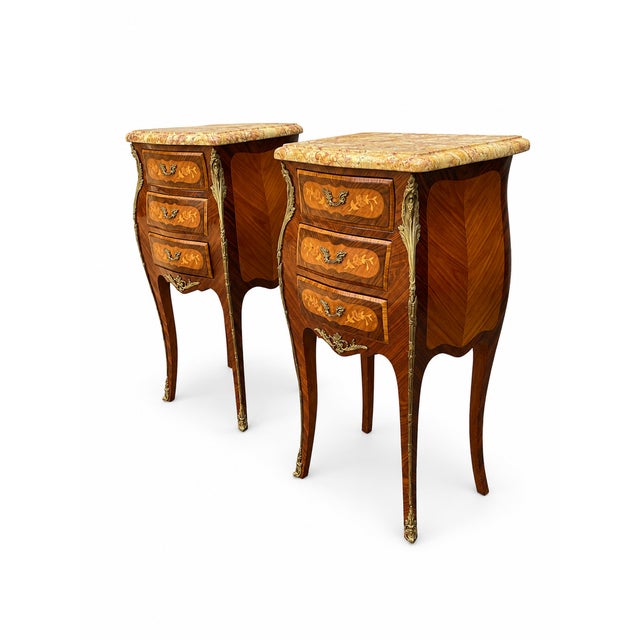 Louis XV Bedside Tables with Floral Marquetry, 1890s, Set of 2 For Sale - Image 4 of 11