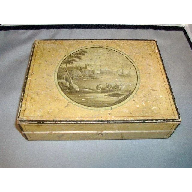 Antique Grand Tour 18th century paint decorated jewelry trinket sewing box, boite de Spa or jolité. Mustard yellow ground...