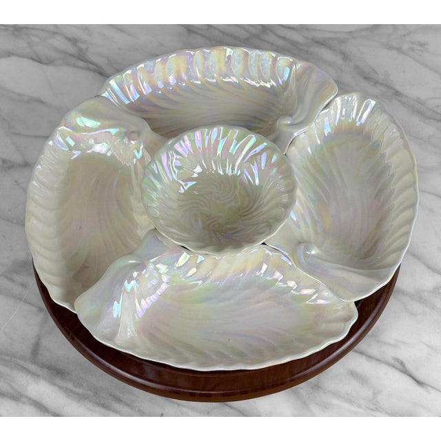 White Vintage 14" California Pottery Iridescent Scallop Centerpiece Serving Platter For Sale - Image 8 of 15