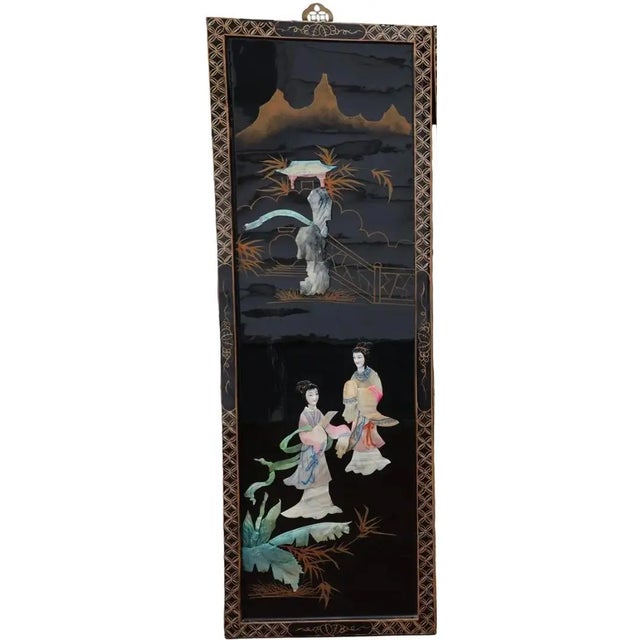 Antique Mid-Century Chinese Black Lacquer Wall Panels: Set of 4 with Raised Hardstone and Mother-of-Pearl Inlay This...