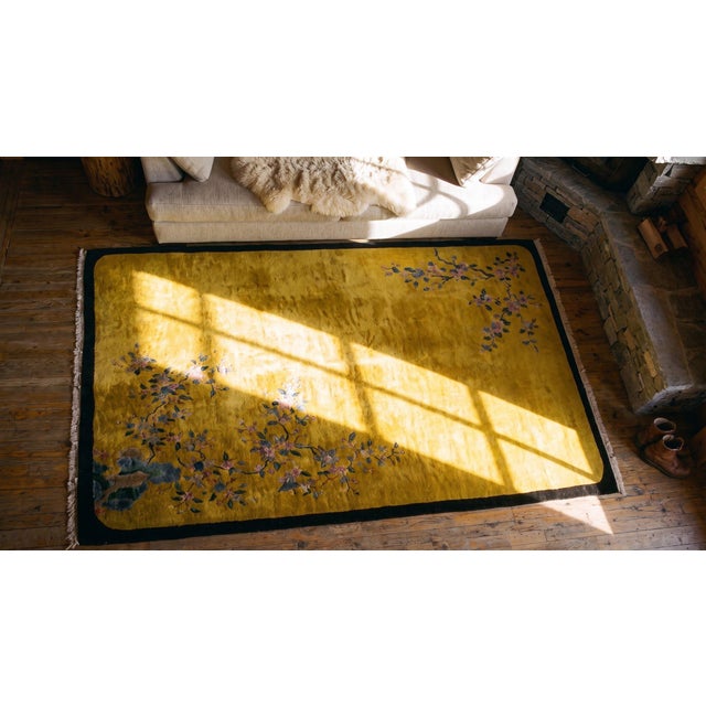 1920s Yellow Gold Open Field Floral Antique Chinese Art Deco Carpet 5'10" X 8'8" by Nichols Atelier Wool Rug For Sale - Image 12 of 12
