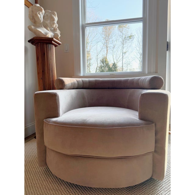 Camel Roche Bobois Sculptural Circular Swivel Lounge Chair in Camel Suede For Sale - Image 8 of 18