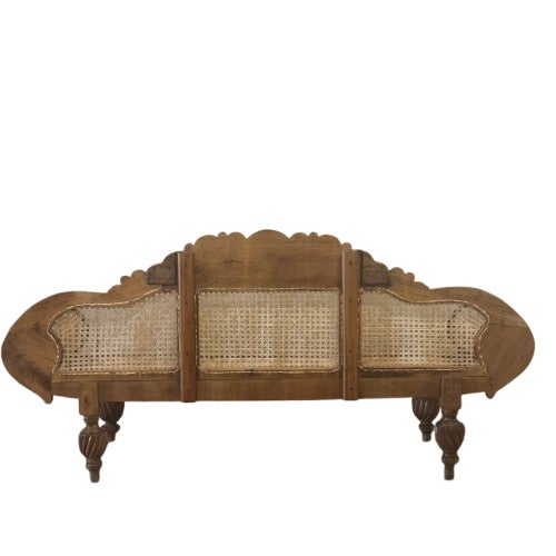 British Colonial Cane Settee With Hand-Carved Teak Wood Details For Sale - Image 12 of 13