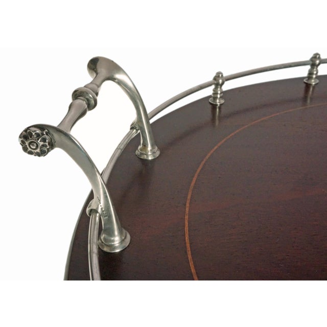 Antique American Sterling Silver Mounted Inlaid Wood Oval Gallery Serving Tray For Sale - Image 4 of 5