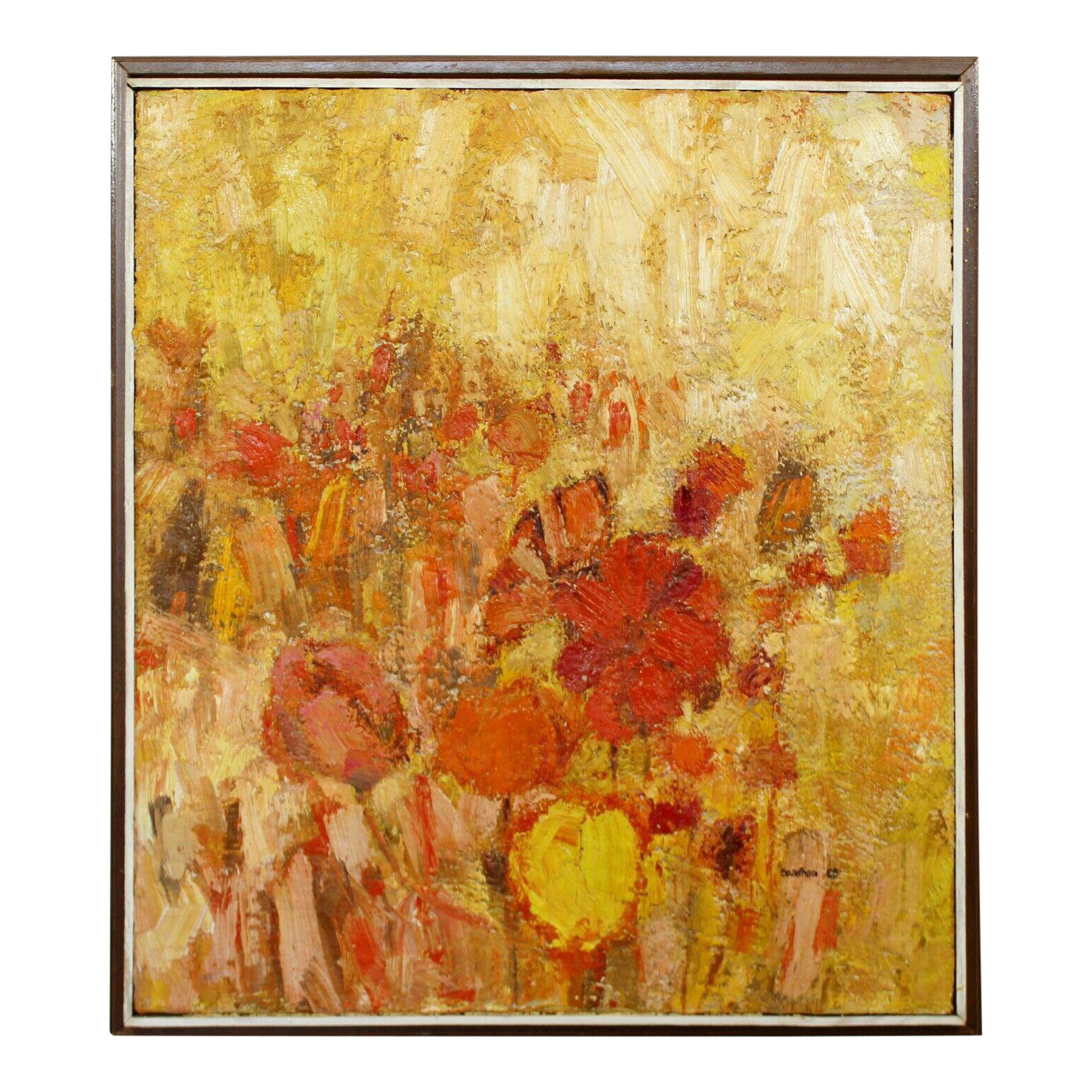 Mid Century Modern Framed Oil On Canvas Flower Painting Signed
