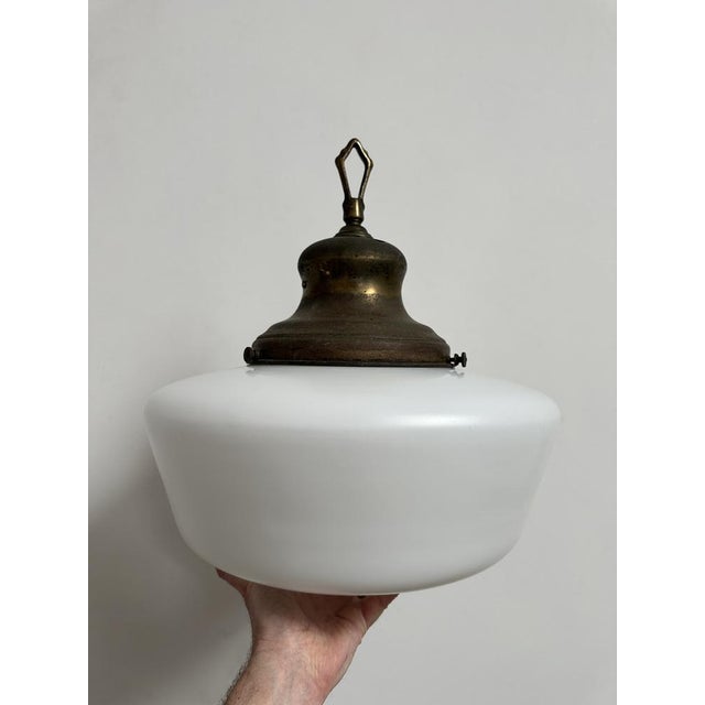 Large Antique English Opaline Milk Glass and Brass Church Pendant, 1890s For Sale - Image 7 of 12
