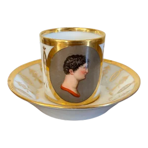 Antique Early 19th Century French Empire Paris Porcelain Coffee Can Cup and Saucer With Classical Portrait