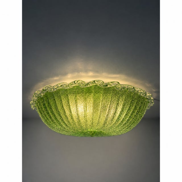 Bright "Budino" Murano glass flush mount in green graniglia. Traditional venetian working of Murano glass. White metal...