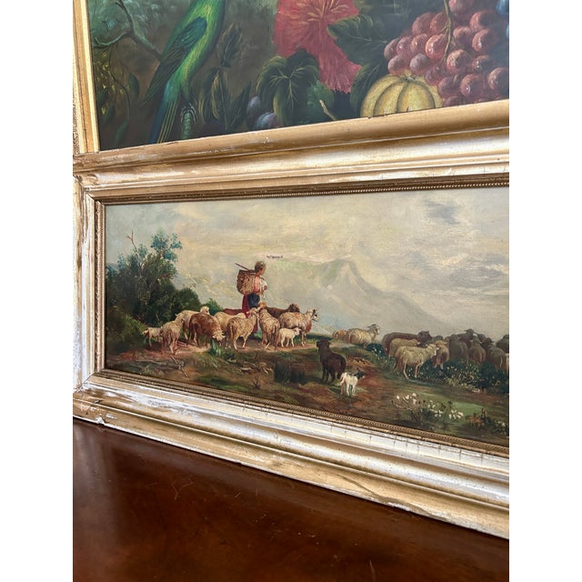 Textile 19th Century Oil on Canvas ~ Shepherd With Sheep For Sale - Image 7 of 9
