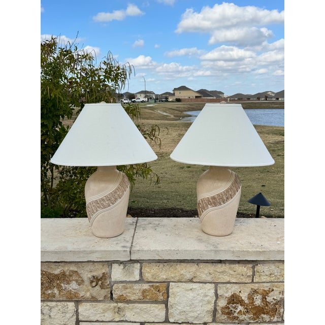 1980s Pair Postmodern Ceramic Lamps With Brutalist Textured Banding For Sale - Image 4 of 8