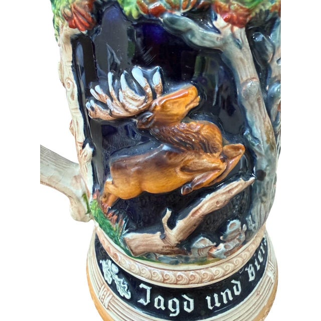 Traditional Large 2l German Stein With Hunter, Stag, and Squirrel Handle For Sale - Image 3 of 11