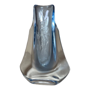 Antique Handmade Czech Bohemian Blue Art Glass Vase Engraved Nude Adam & Eve