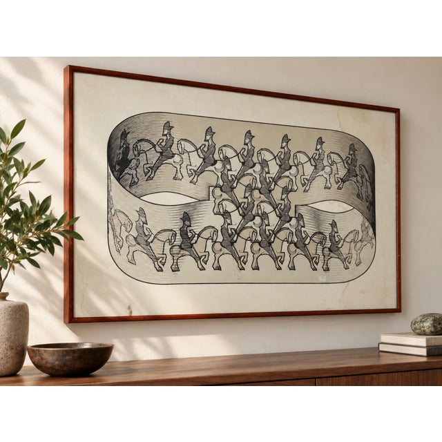 Mid Century Modern Framed M.C. Escher’s Horsemen design, featuring interlocking riders woven through a continuous looping...