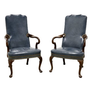 Hickory Chair Mahogany & Blue Leather Queen Anne Accent Armchairs - Pair For Sale