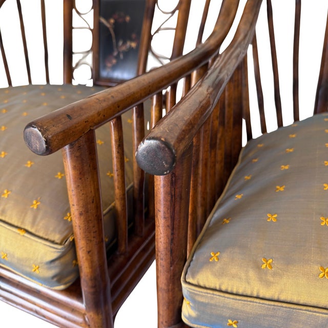 Late 20th Century Late 20th Century Attributed to Theodore Alexander Chinoiserie Bamboo Pavilion Armchairs With Custom Silk Down Cushions For Sale - Image 5 of 16