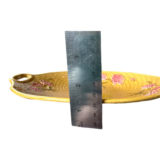 Yellow Antique Gs Zell Majolica Pink Dianthus Carnations on Basketweave Porcelain Platter, Germany, C. 1890s For Sale - Image 8 of 8