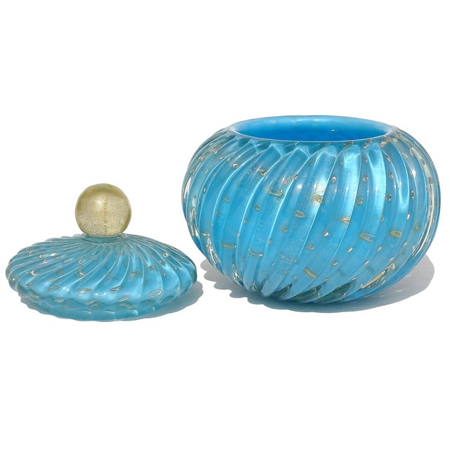 Beautiful and large, vintage Murano hand blown blue, controlled bubbles and gold flecks Italian art glass cookie jar /...