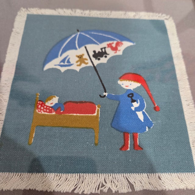 Textile Set of Six Hans Christian Andersen Textile Napkin Artworks by Aase & Preben Jangaard, Framed Danish Mid‑Century For Sale - Image 7 of 13