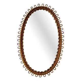 Oval Rattan and Bamboo Wall Mirror in the style of Franco Albini, 1960s For Sale