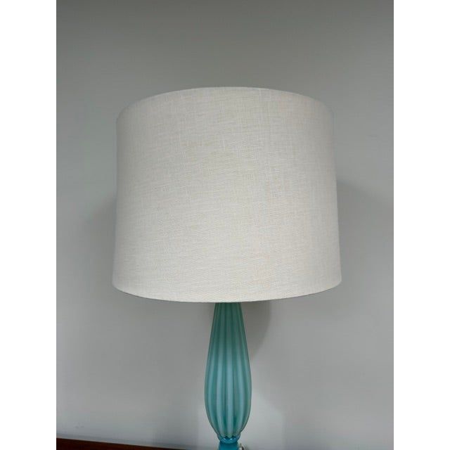 Beautiful Vintage Turquoise Murano Opaline Glass Lamp With Ribbed and Flared Shape For Sale In Little Rock - Image 6 of 9