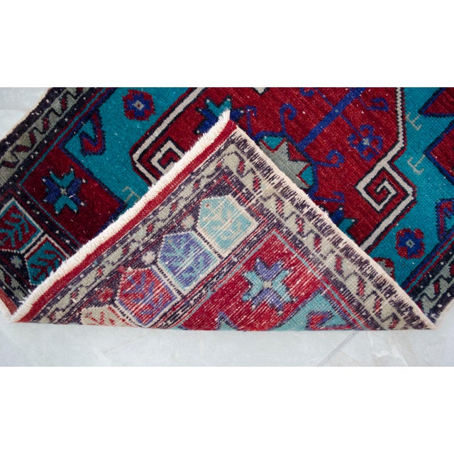 Turquoise Hand Knotted Oushak Rug Low Pile Faded Entryway Mat Small Rug Yastik - 20'' X 44'' For Sale - Image 8 of 13