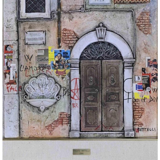 Mixed media on board realized by Fausto Battelli in 1986. It depicts a door in via della Luce, Rome. In very good...
