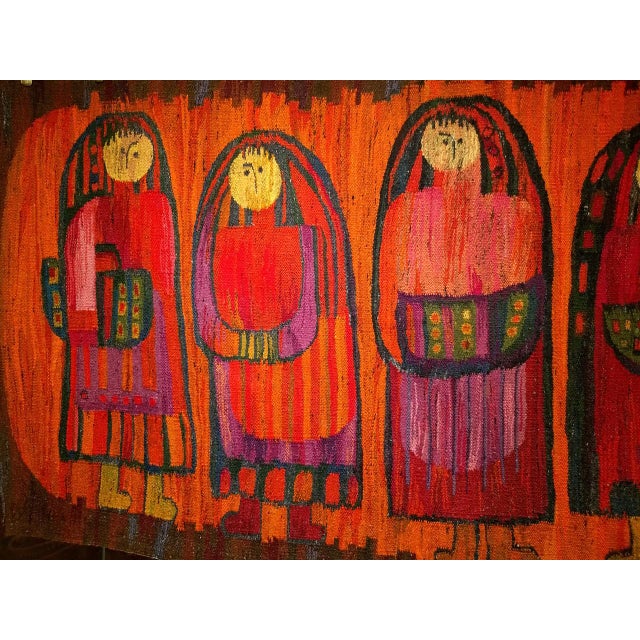 Mid 20th Century Vintage Mid-Century Tapestry, Handwoven Wool, Folkloric Schoolgirls Design, Crimson & Yellow, 38” X 70” For Sale - Image 5 of 11