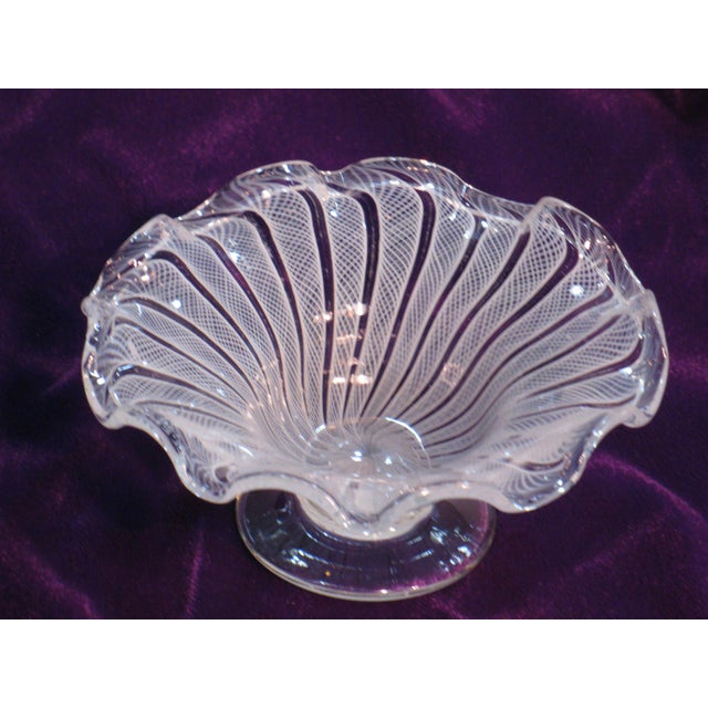 Italian Early 20th Century Venetian Glass Bowl, Small White Latticinio, Handmade Italy, Mouth Blown Italian Glass. For Sale - Image 3 of 8