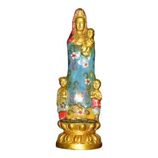 Late 20th Century Cloisonne Gilt Guanyin Sculpture With Children on Lotus Base For Sale