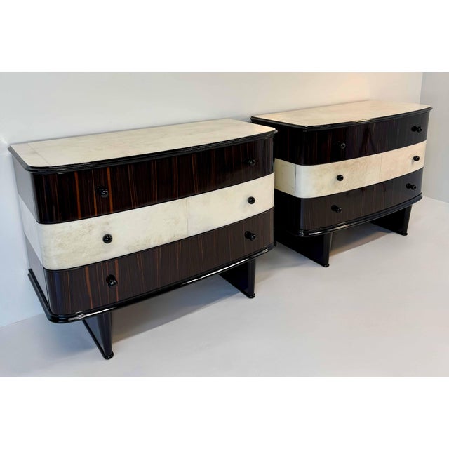 Twin Parchment and Exotic Wood Dressers, 1940s, Set of 2 For Sale - Image 4 of 17