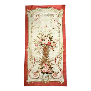 French Aubusson Floral Wall Tapestry in Coral, Rose and Sage Green