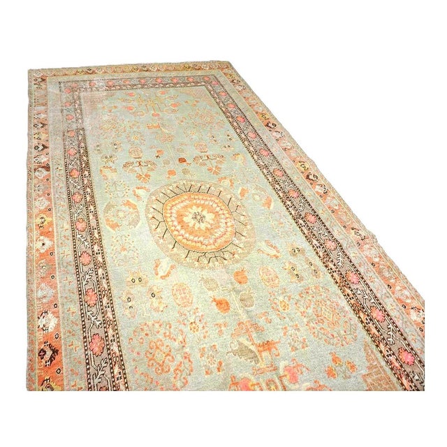 Antique Turkish Khotan Wool 6X12 Green, Orange & Blue Handmade Gallery Rug #9902946 For Sale - Image 13 of 18