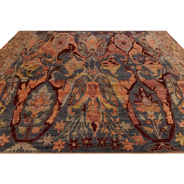 Modern Bidjar Style Hand-Knotted Wool Rug –Botanical Motifs in Blue & Terracotta For Sale - Image 10 of 11