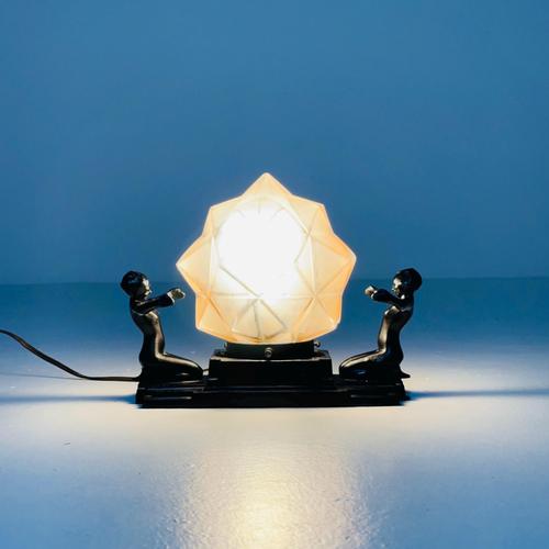 Art Deco Frankart Table Lamp with Kneeling Women and Amber Geometric Glass Shade, 1930s For Sale - Image 10 of 16