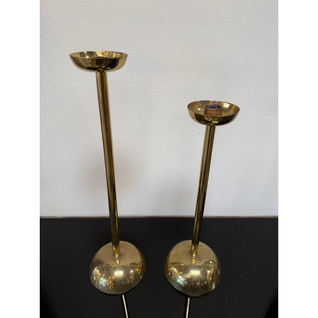 Pair of Mid-Century Italian Brass Candlesticks With Sculptural Domed Bases, 1960 For Sale In Los Angeles - Image 6 of 8