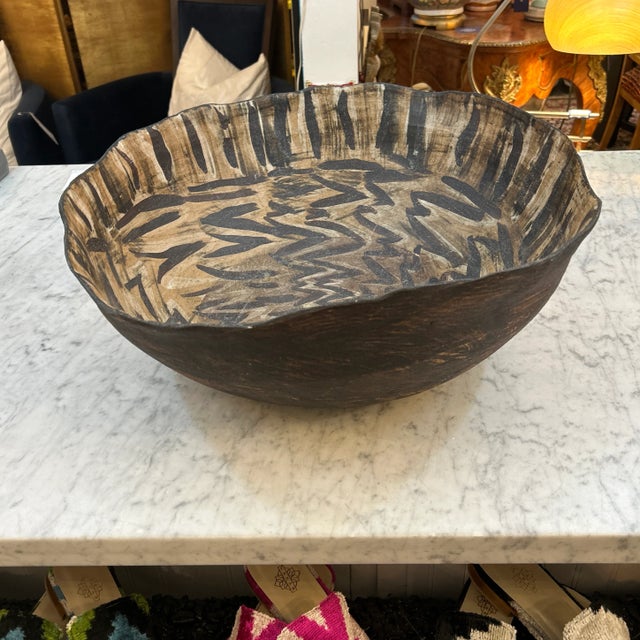 Tribal Large Hand Made Clay Bowl Tribal Motif For Sale - Image 3 of 11