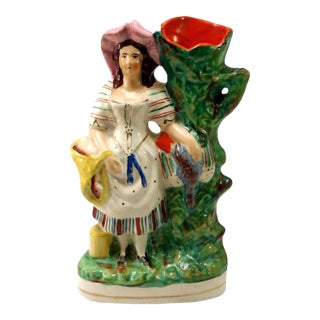 Antique Late 19th Century Staffordshire Spill Vase Girl Carrying Game For Sale