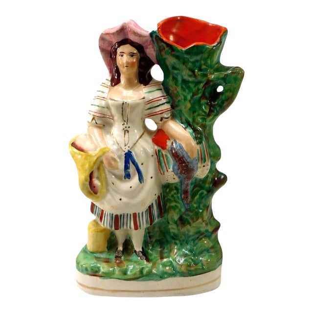 Antique Late 19th Century Staffordshire Spill Vase Girl Carrying Game For Sale