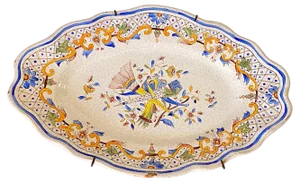 Faience Dish with Birds and Flowers Decor by Malicorne, France, 19th Century