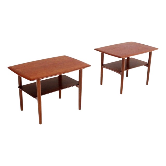 Povl Dinesen Pair Danish Modern Teak End Tables Solid Tapered Dowel legs 1 Shelf For Sale