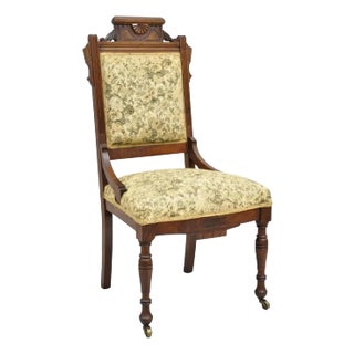 Late 19th Century Antique Eastlake Victorian Carved Walnut Parlor Side Chair With Floral Tapestry For Sale