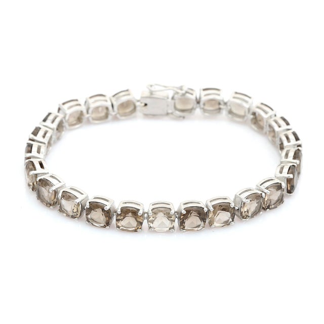 Metal 6x6 Mm Cushion Cut Smoky Topaz Tennis Bracelet in 925 Silver by Caratandher For Sale - Image 7 of 11