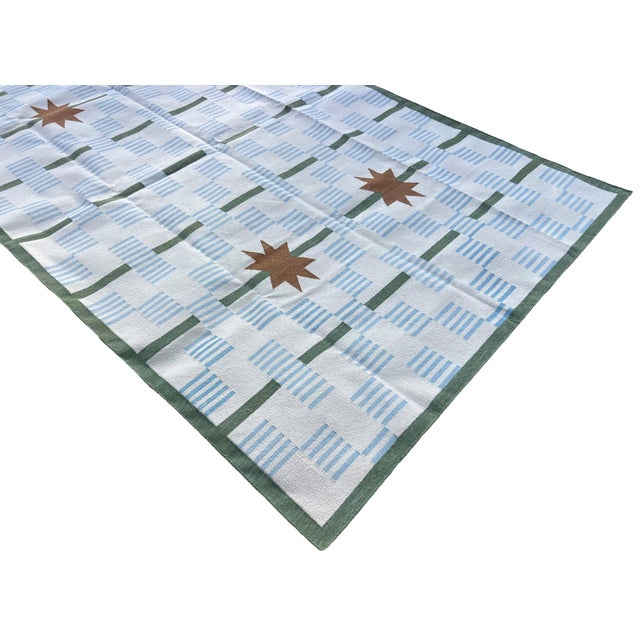 Textile Handmade Cotton Vegetable Dyed Area Rug, Cream, Sky Blue, Sage Green Star Dash Dhurrie-5x8 For Sale - Image 7 of 9
